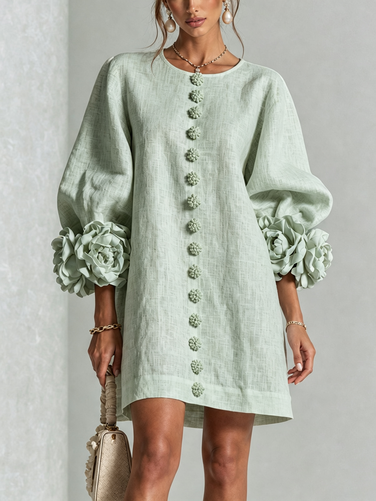 Delia | Abito Mini in Misto Lino con Polsini a Rosa, Verde Salvia