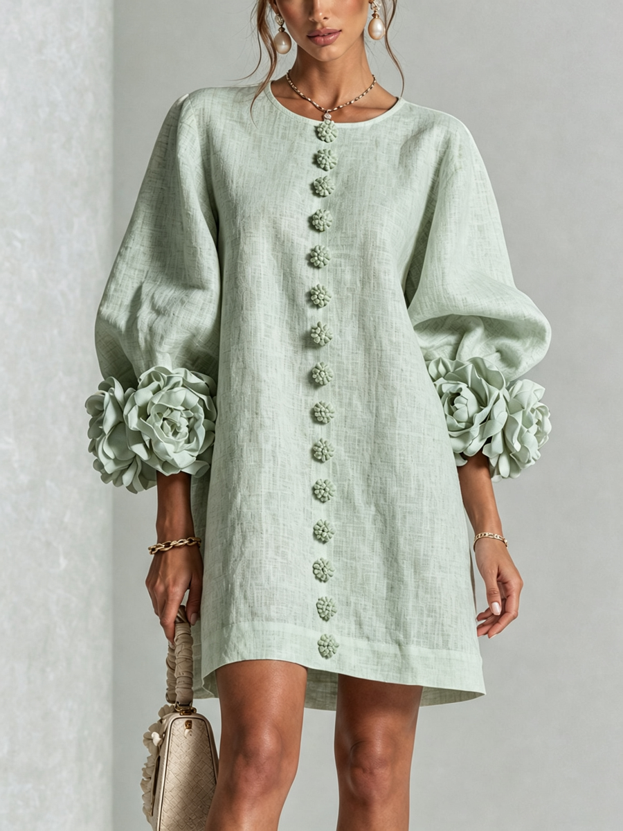 Delia | Abito Mini in Misto Lino con Polsini a Rosa, Verde Salvia