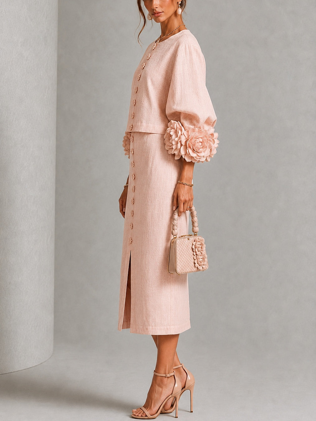 Set Top e Gonna con Bottoni Frontali Floreali Rosa con Maniche Floreali Stravaganti