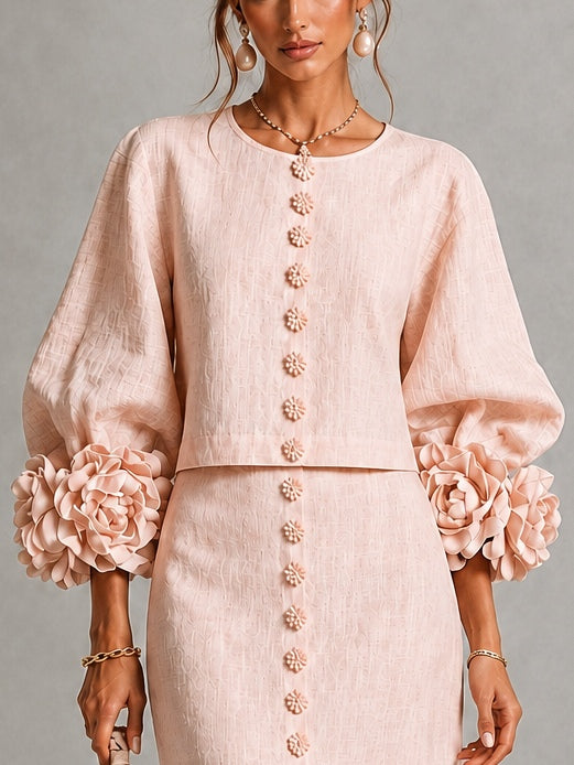 Set Top e Gonna con Bottoni Frontali Floreali Rosa con Maniche Floreali Stravaganti