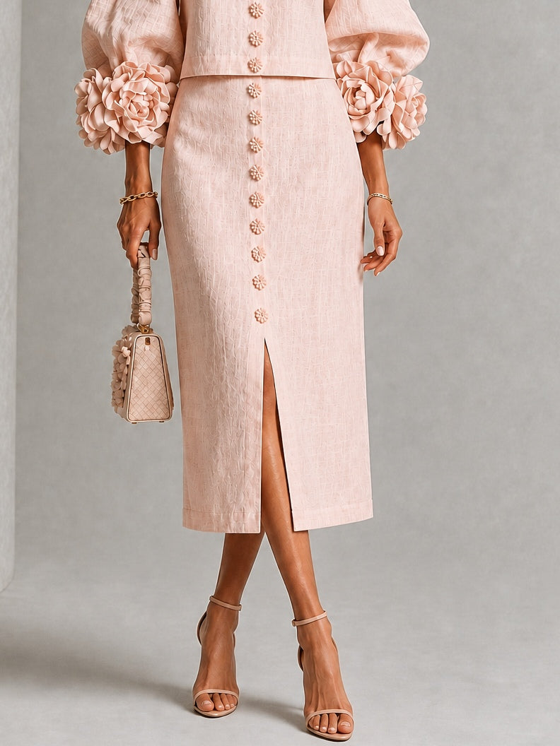 Set Top e Gonna con Bottoni Frontali Floreali Rosa con Maniche Floreali Stravaganti