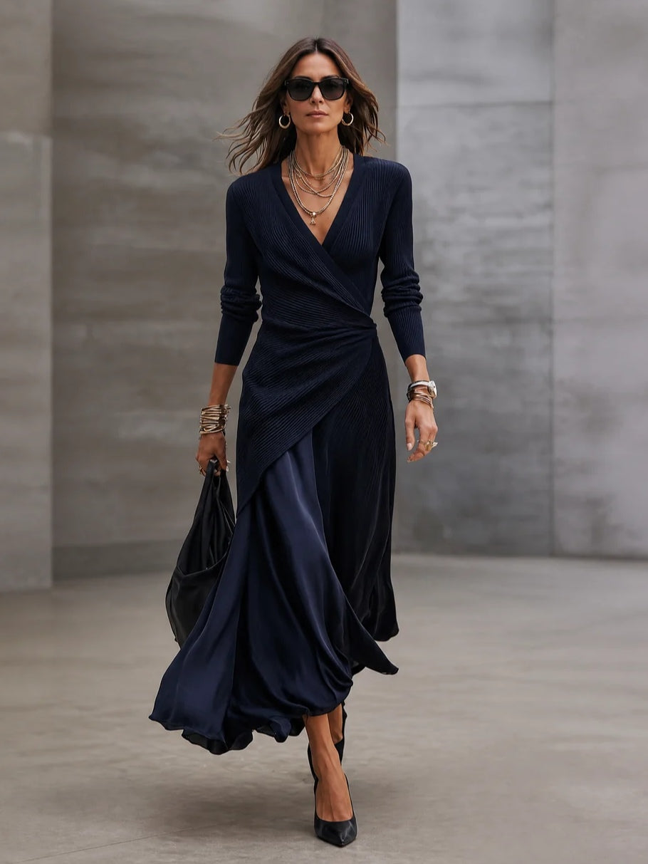 Loredana | Vestito Maxi Asimmetrico con Scollatura a V e Pannelli in Raso Blu Marino