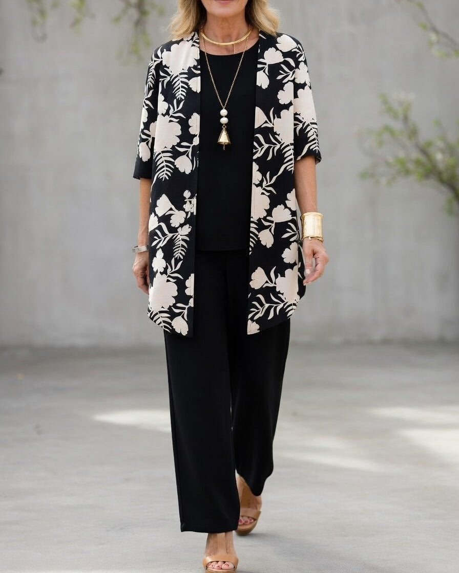 Completo donna 3 pezzi elegante – pantaloni fluidi e giacca floreale