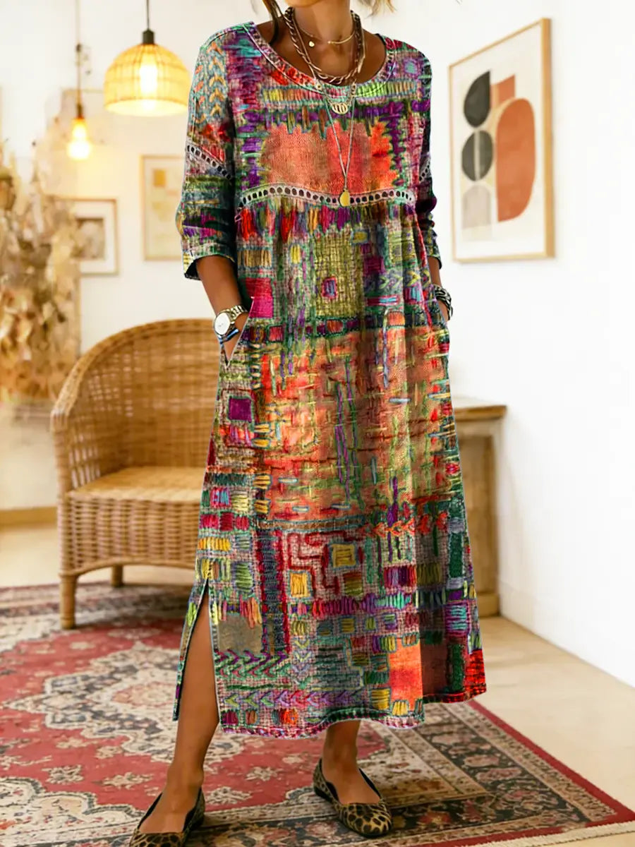 Manuela | Vestito in Denim con Patchwork Etnico