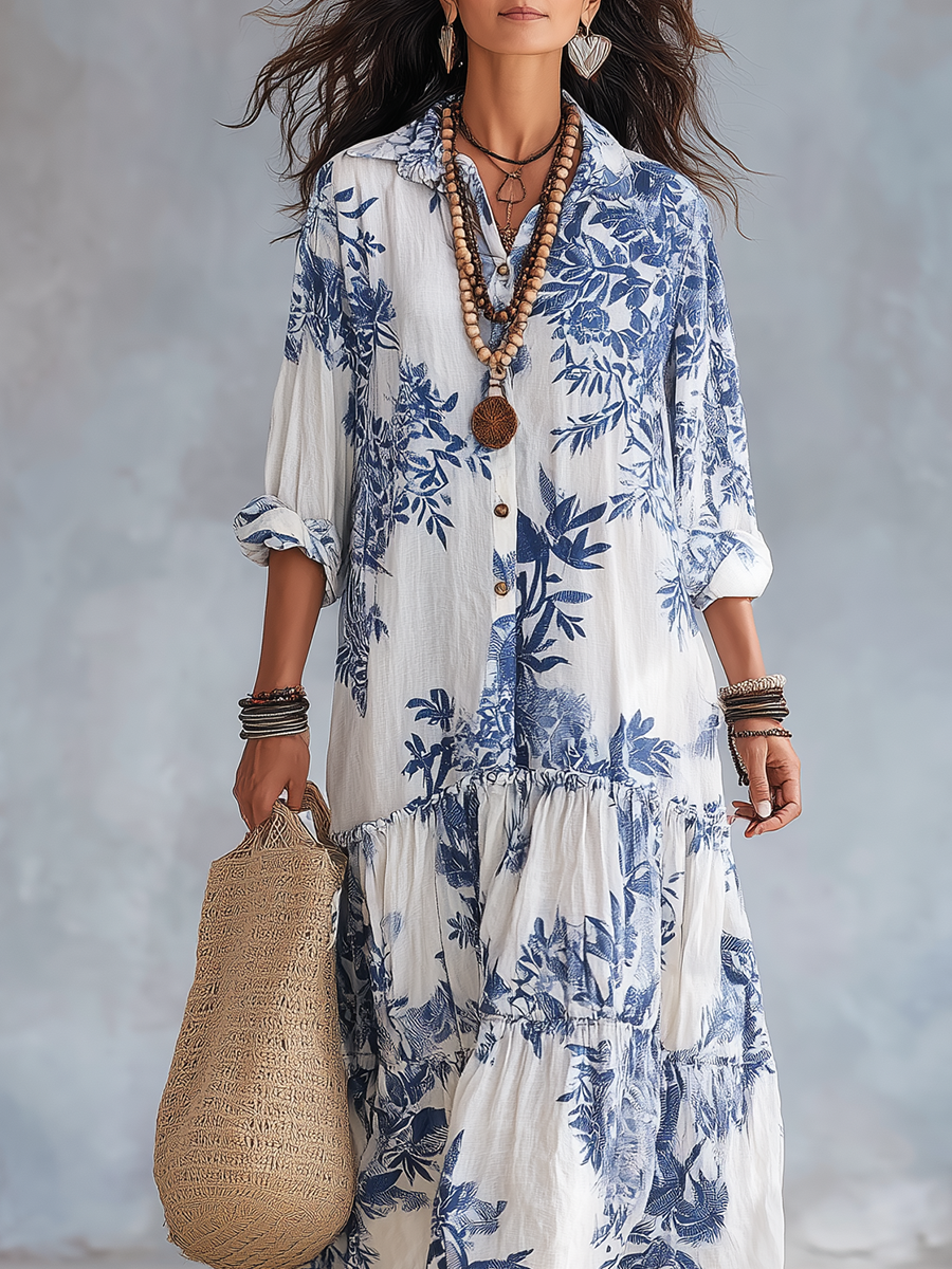 Giulia | Vestito Maxi Blu a Fiori con Bottoni
