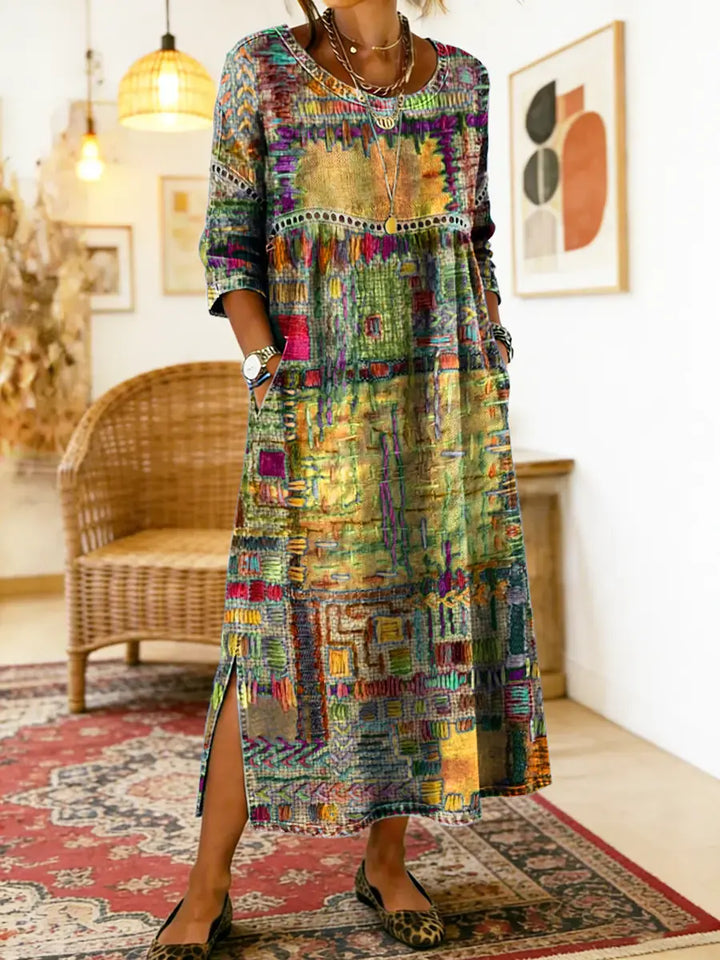 Manuela | Vestito in Denim con Patchwork Etnico