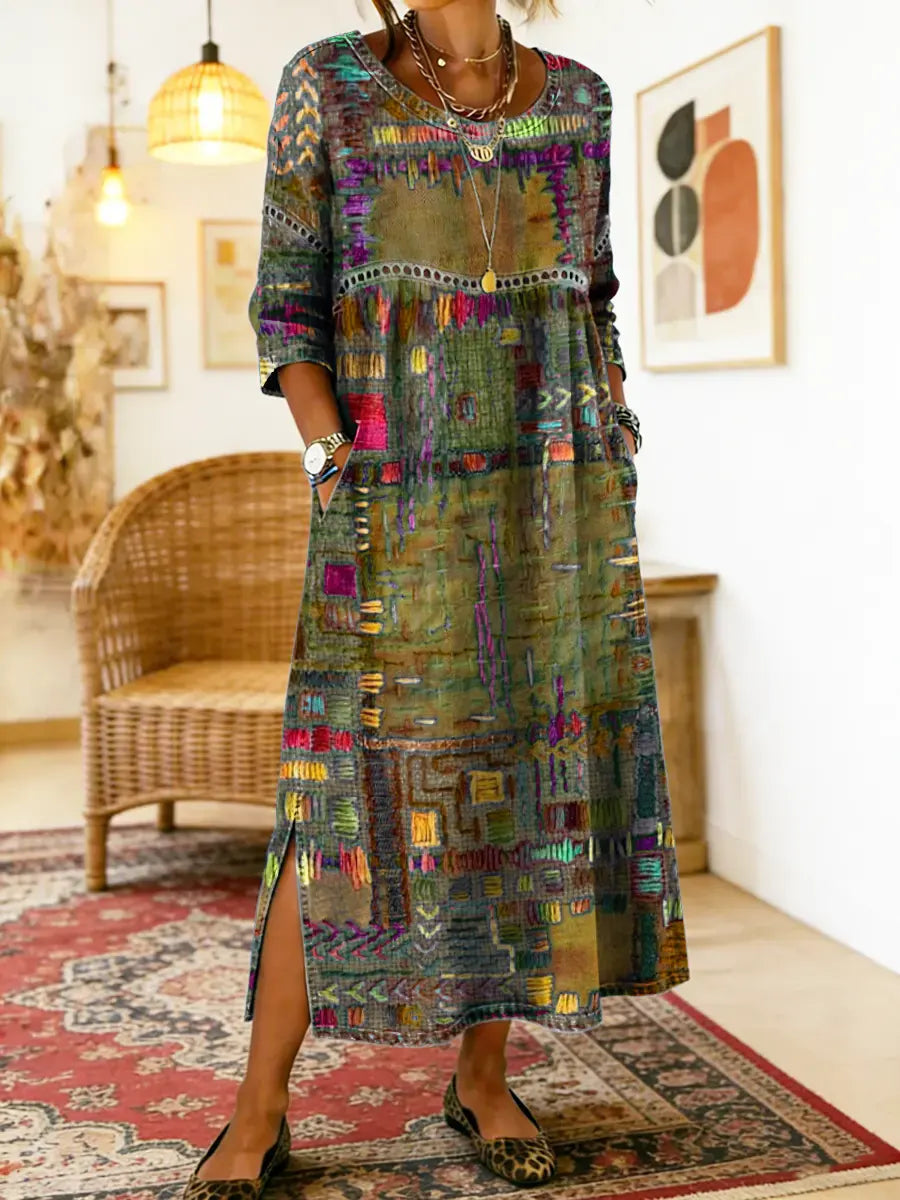Manuela | Vestito in Denim con Patchwork Etnico