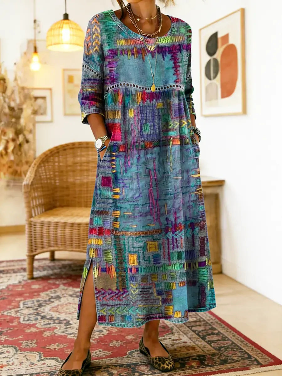 Manuela vestito in denim con patchwork etnico