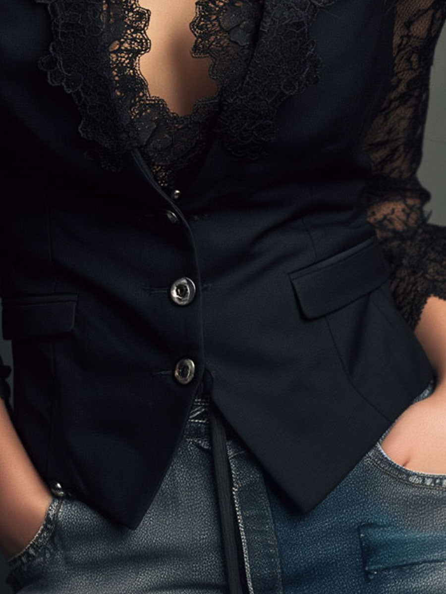 Noemi | Giacca Blazer Nera con Maniche Semi-Trasparenti