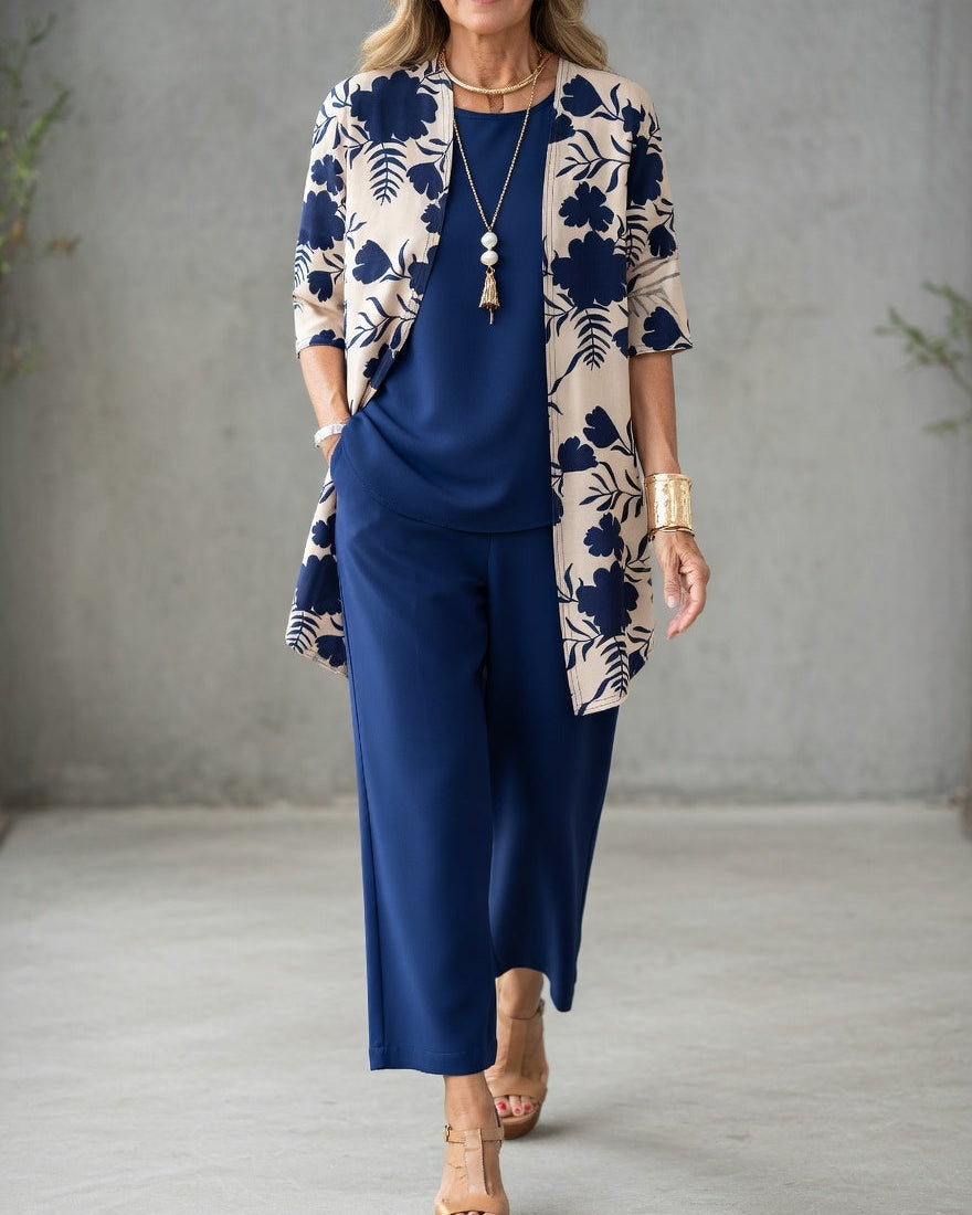 Completo donna 3 pezzi elegante – pantaloni fluidi e giacca floreale