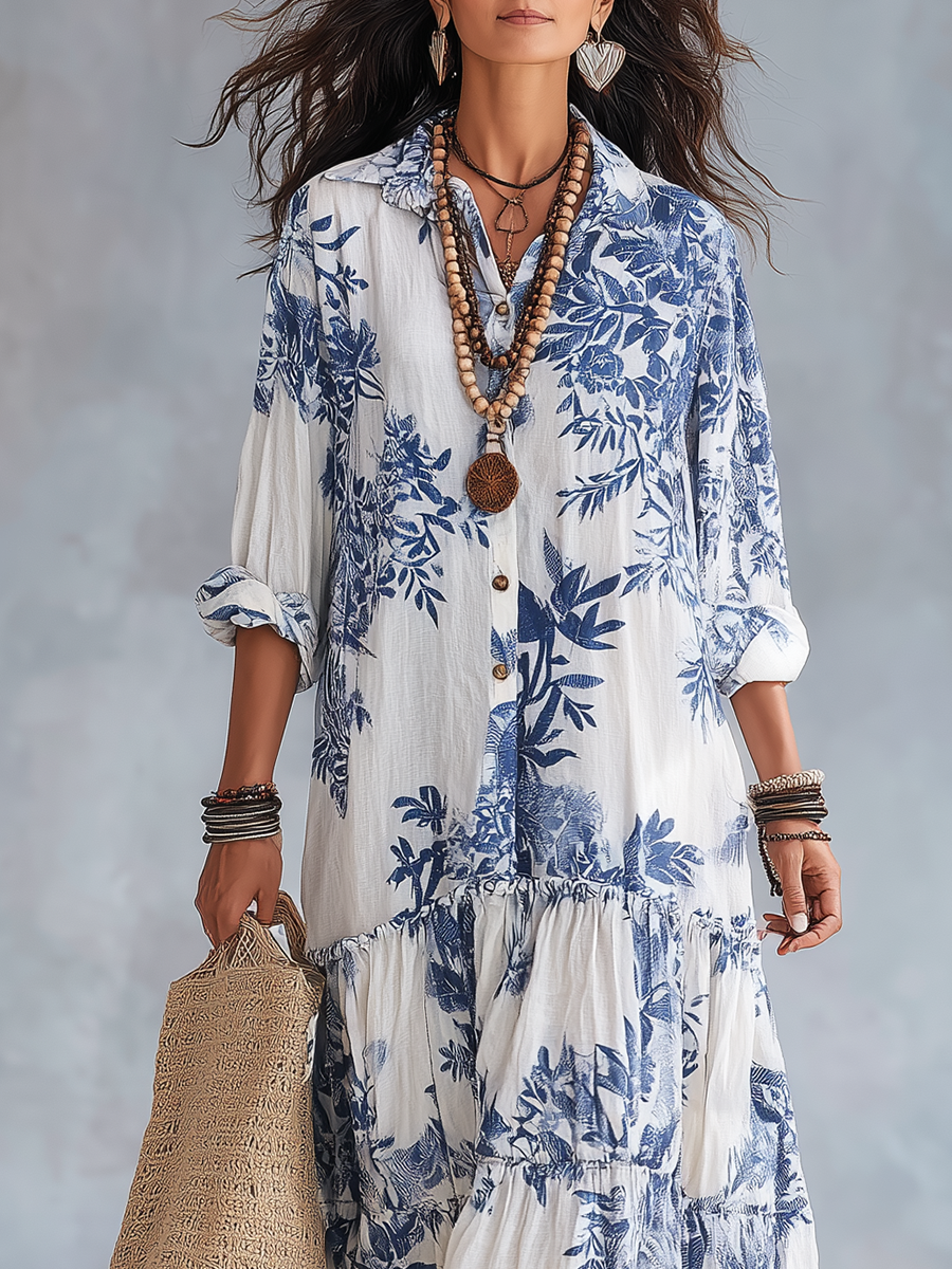 Giulia | Vestito Maxi Blu a Fiori con Bottoni