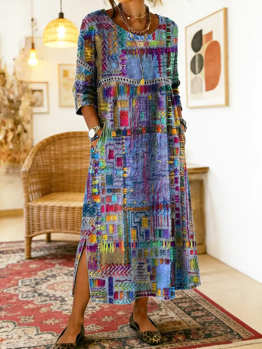 Manuela | Vestito in Denim con Patchwork Etnico