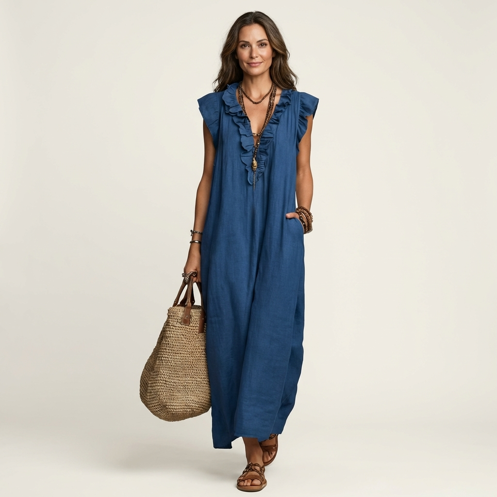 Jose | Abito Maxi in Lino con Rouches a V