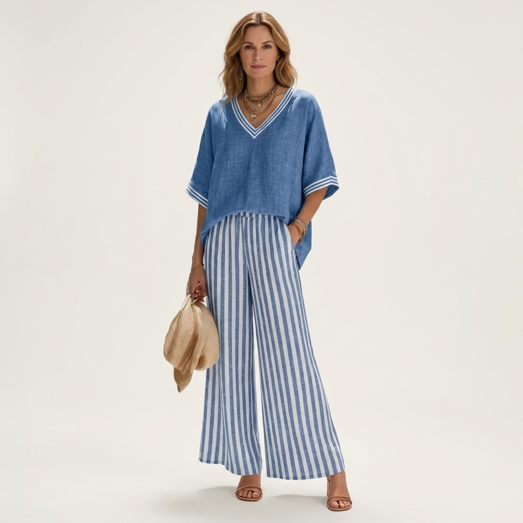 Juliana | Top Varsity a V e Set Pantaloni Larghe a Strisce