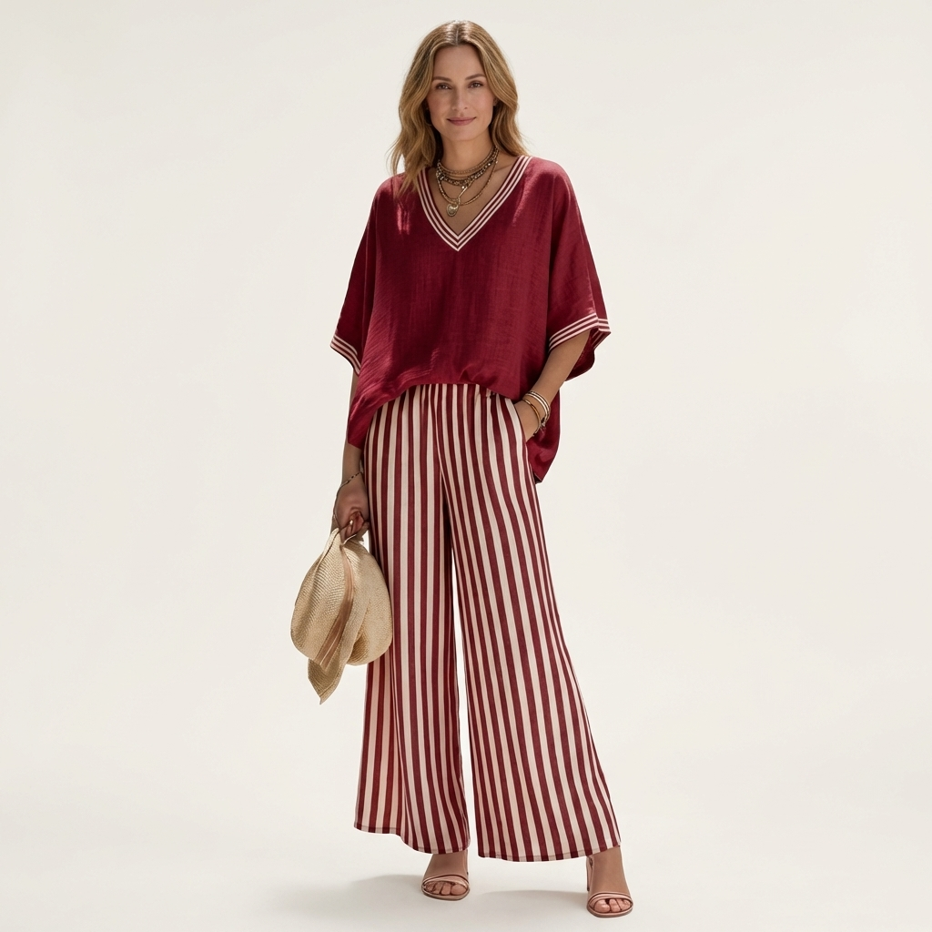 Juliana | Top Varsity a V e Set Pantaloni Larghe a Strisce