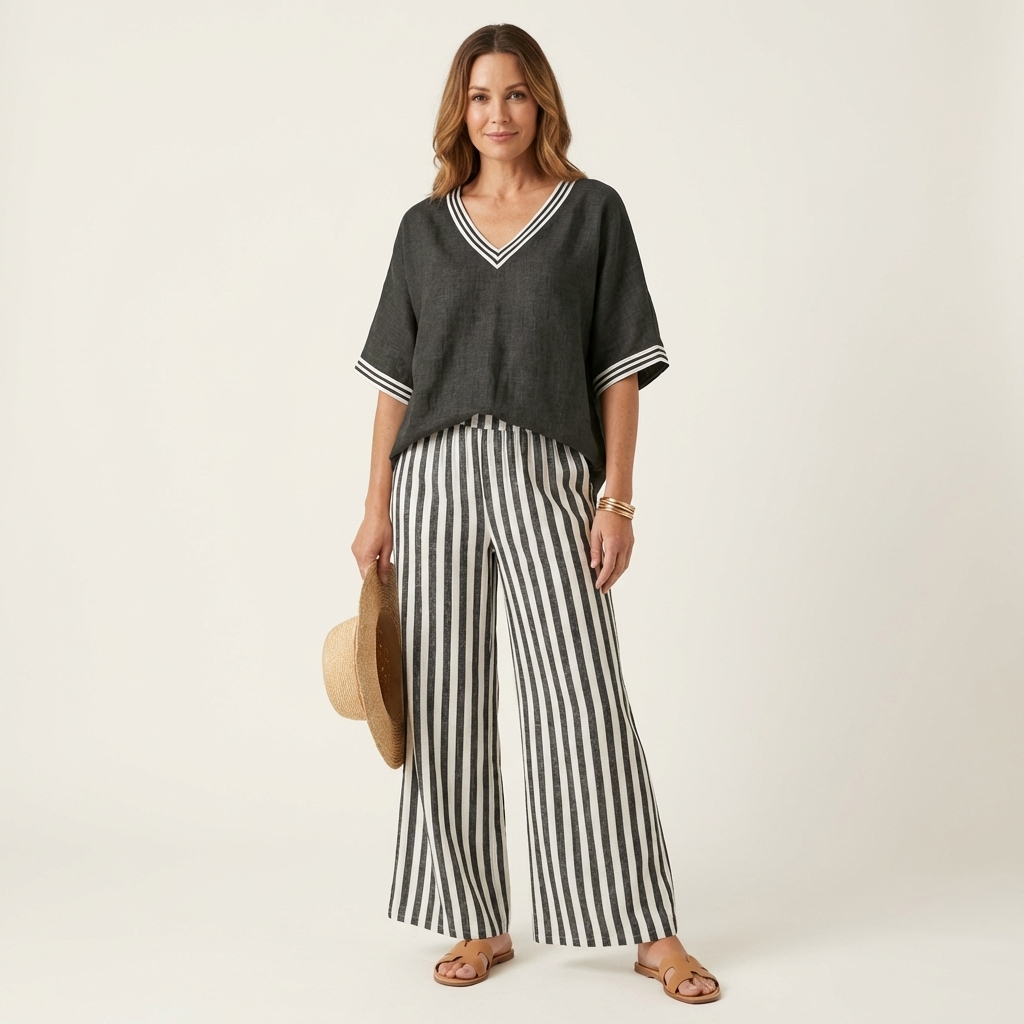 Juliana | Top Varsity a V e Set Pantaloni Larghe a Strisce