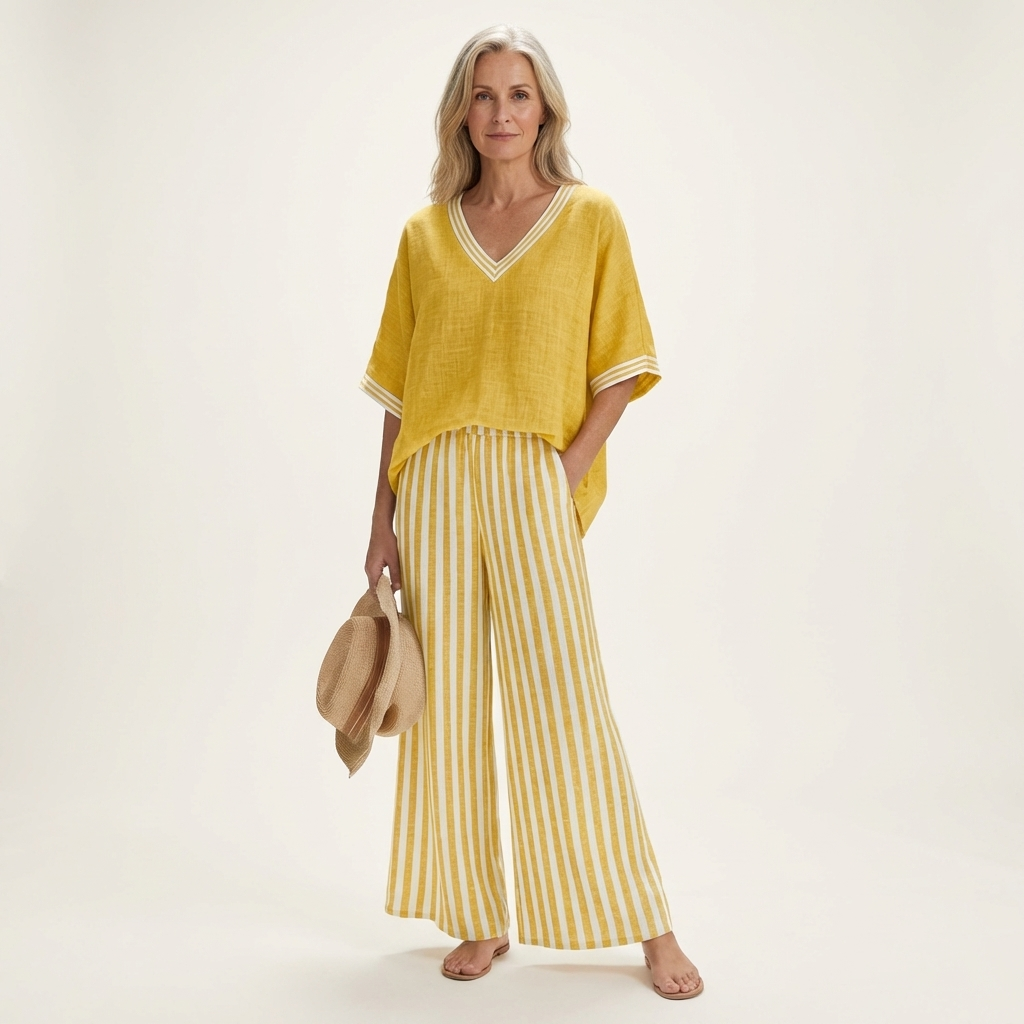 Juliana | Top Varsity a V e Set Pantaloni Larghe a Strisce