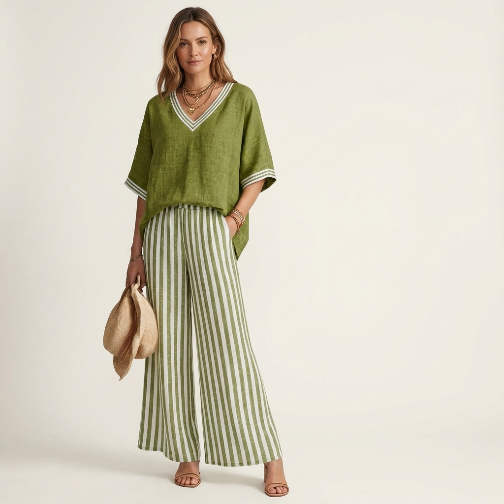 Juliana | Top Varsity a V e Set Pantaloni Larghe a Strisce