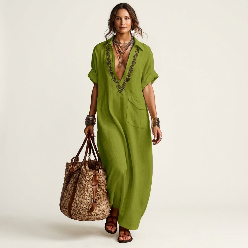 Amarina | Abito Maxy con Collo a V Ricamato