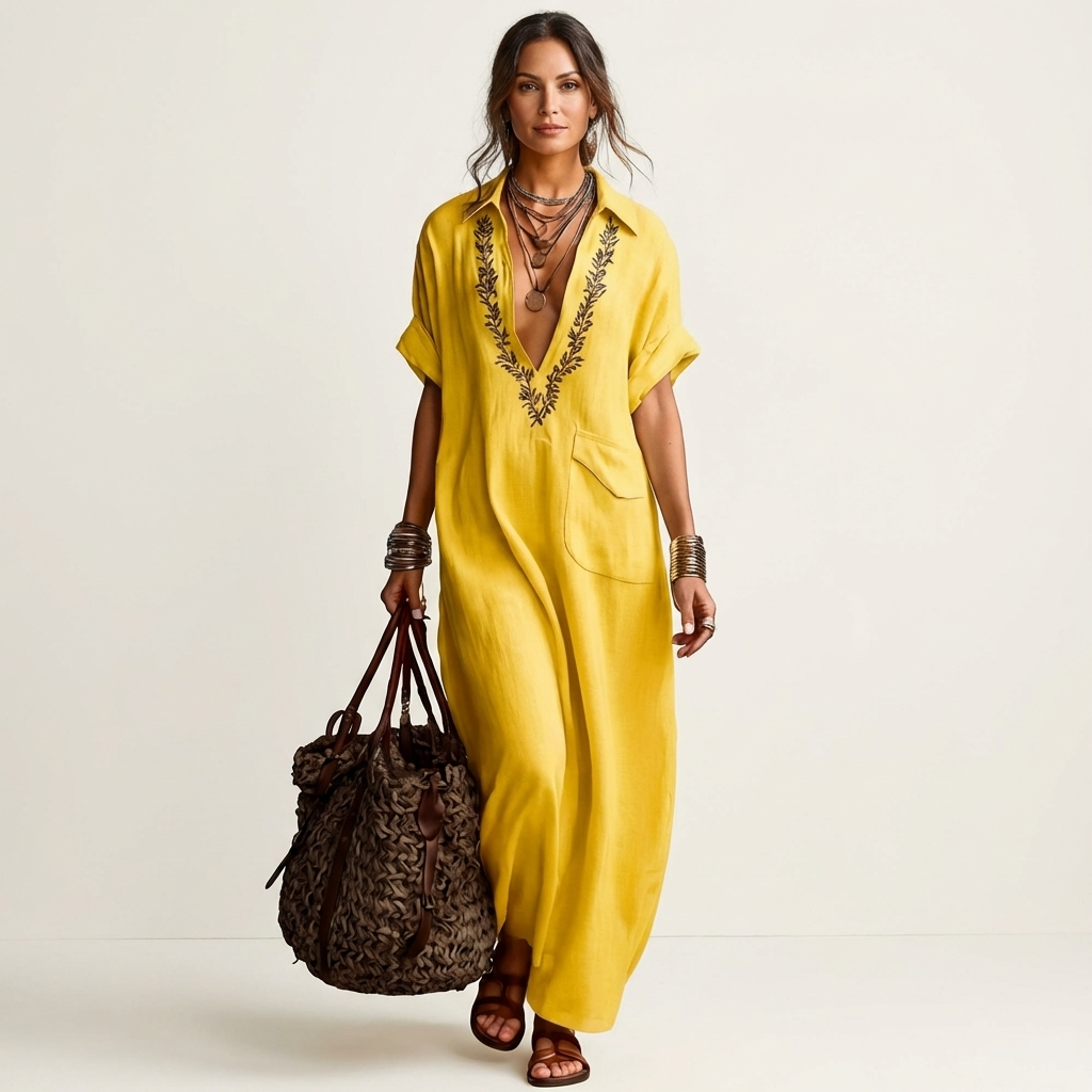 Amarina | Abito Maxy con Collo a V Ricamato