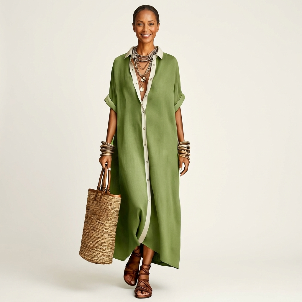 Kamira | Maxidress con colletto a contrasto e bottoni a maniche corte