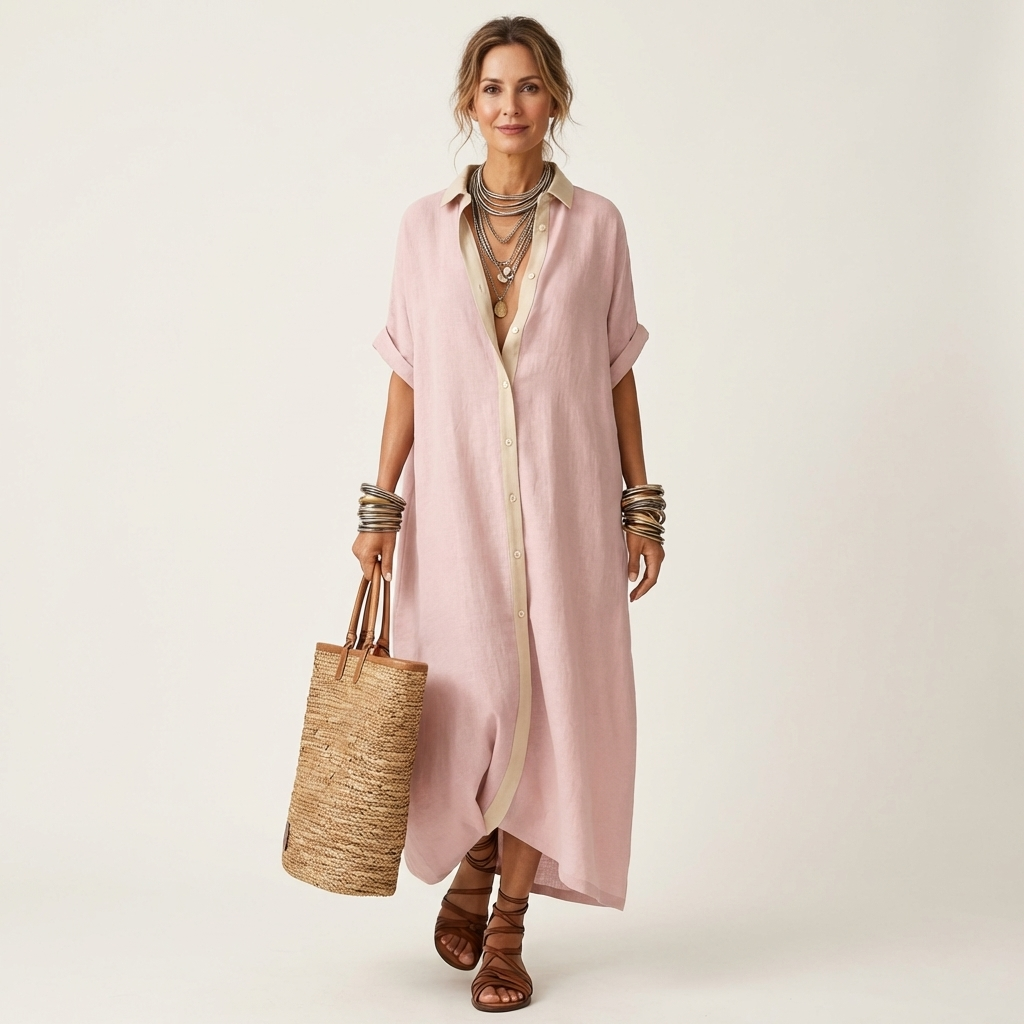 Kamira | Maxidress con colletto a contrasto e bottoni a maniche corte