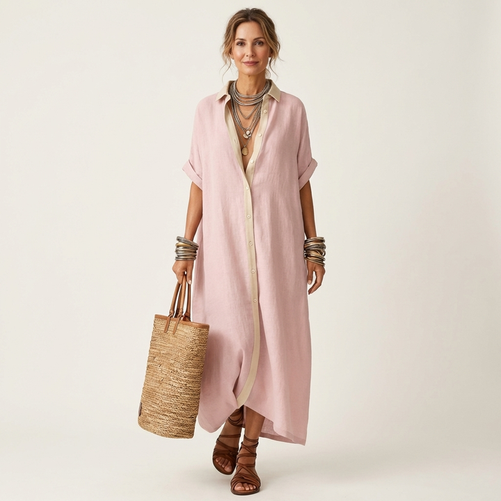 Kamira | Maxidress con colletto a contrasto e bottoni a maniche corte