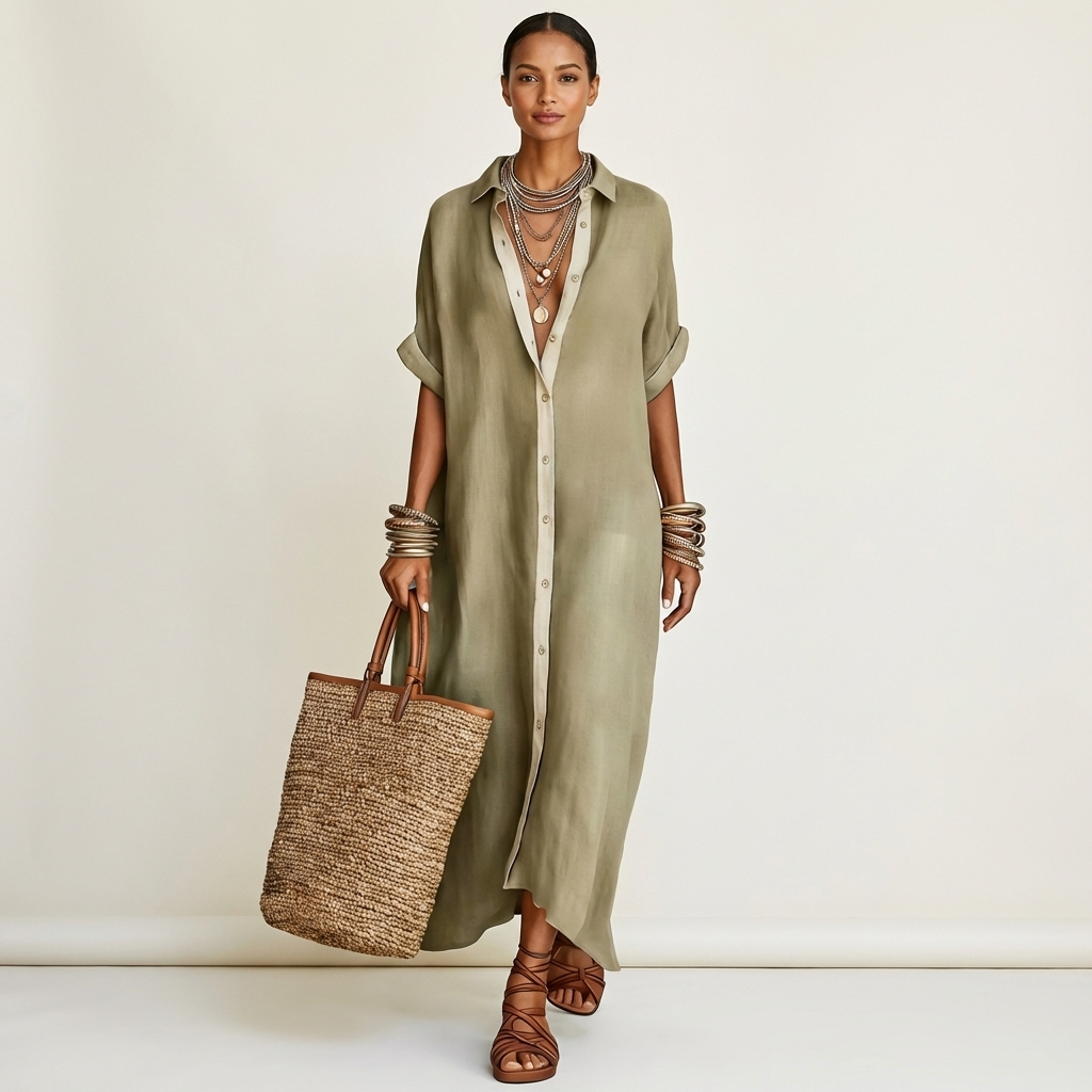 Kamira | Maxidress con colletto a contrasto e bottoni a maniche corte