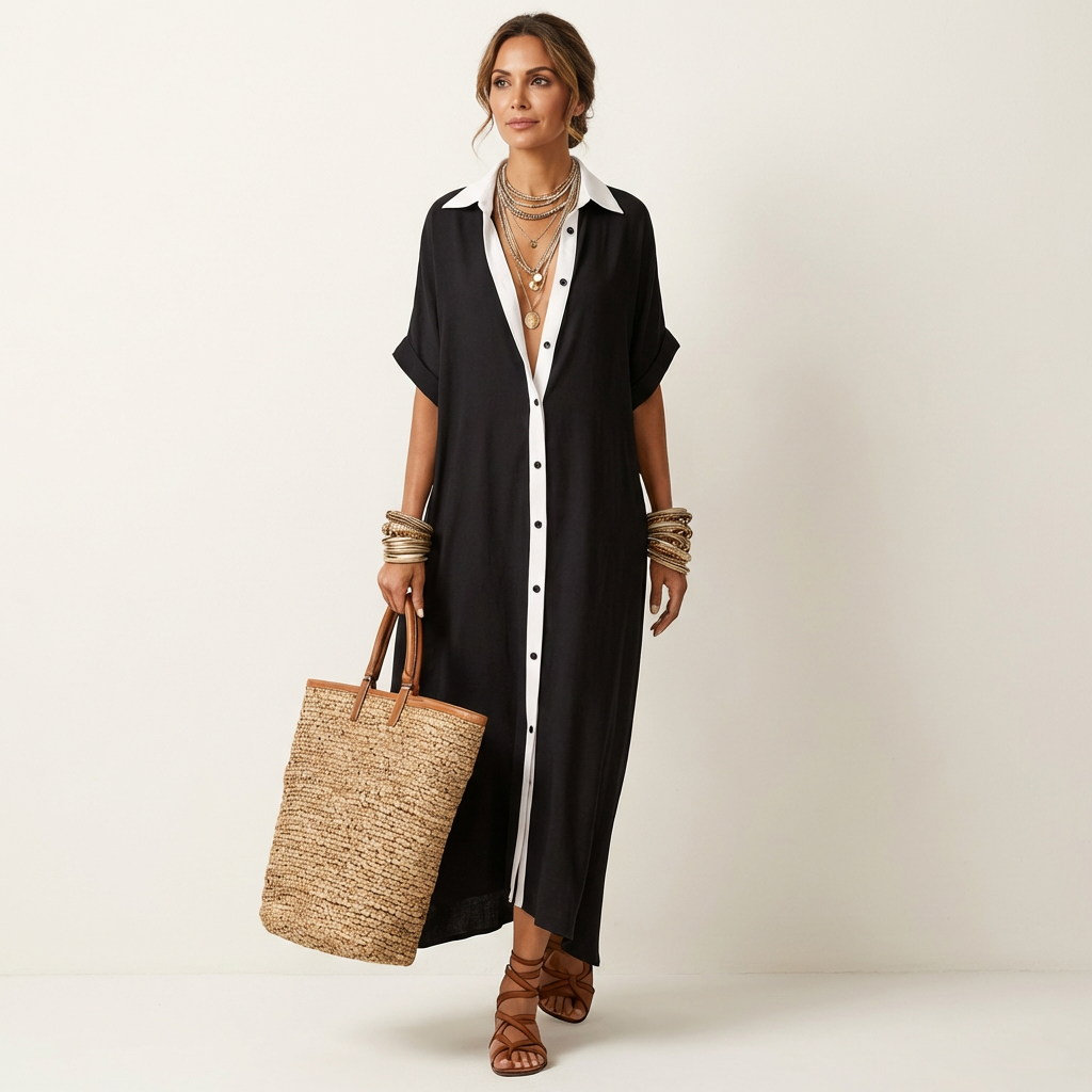 Kamira | Maxidress con colletto a contrasto e bottoni a maniche corte