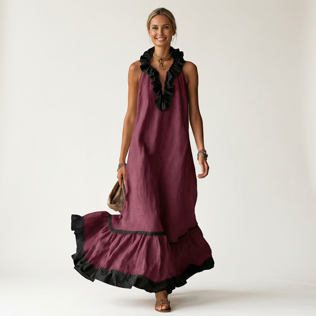 Mayline | Abito Maxy Senza Maniche con Scollatura Ruché e Bordo a Contrasto