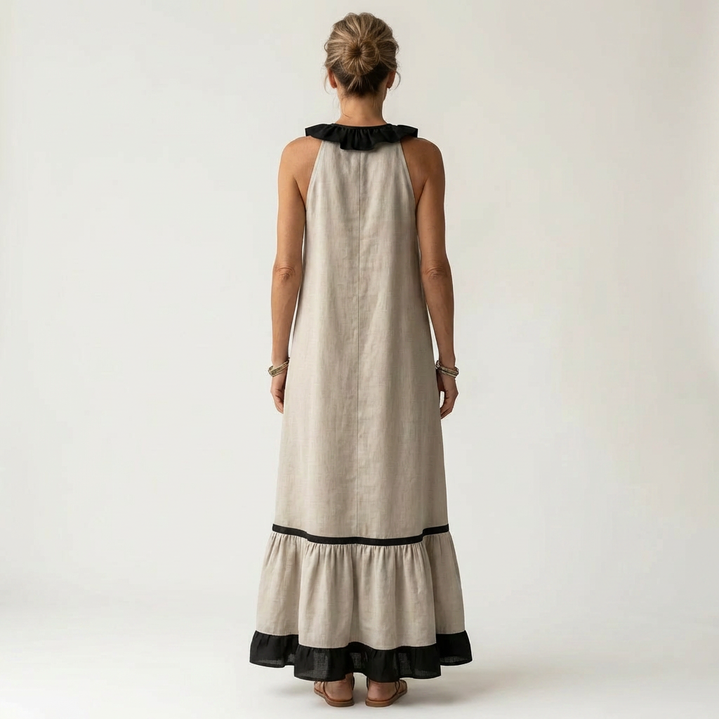 Mayline | Abito Maxy Senza Maniche con Scollatura Ruché e Bordo a Contrasto