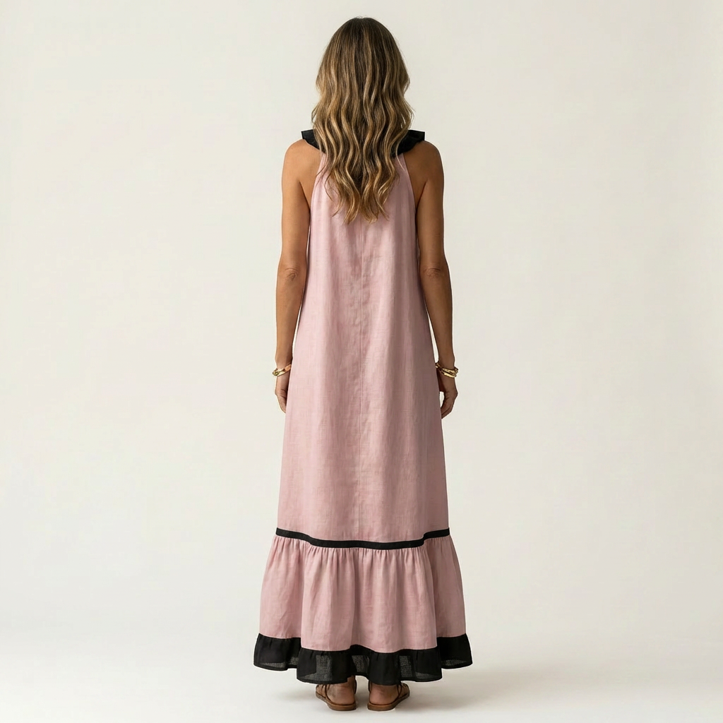 Mayline | Abito Maxy Senza Maniche con Scollatura Ruché e Bordo a Contrasto