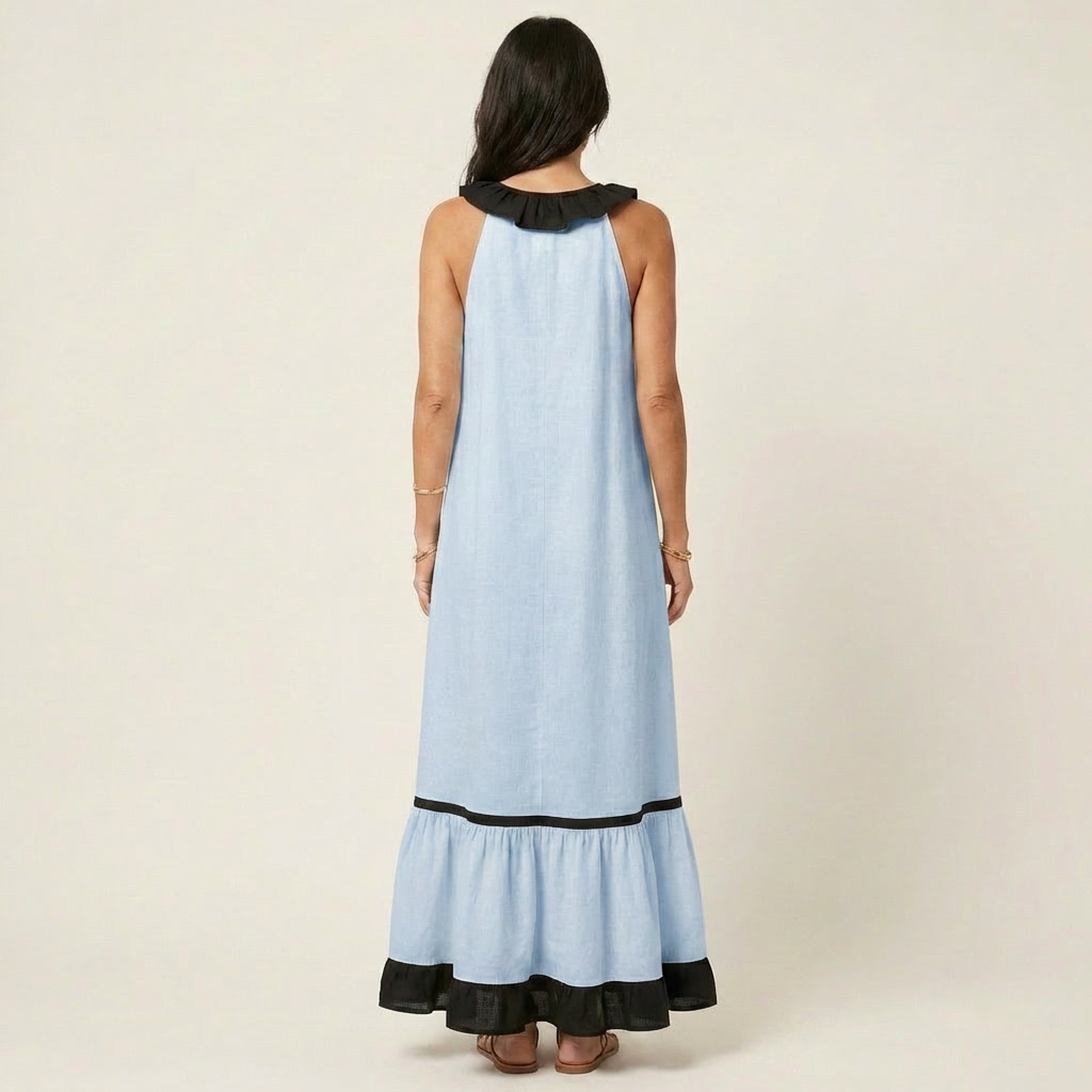 Mayline | Abito Maxy Senza Maniche con Scollatura Ruché e Bordo a Contrasto