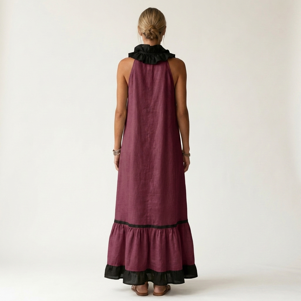 Eleonora | Abito Maxi Senza Maniche con Rouches e Bordo a Contrasto