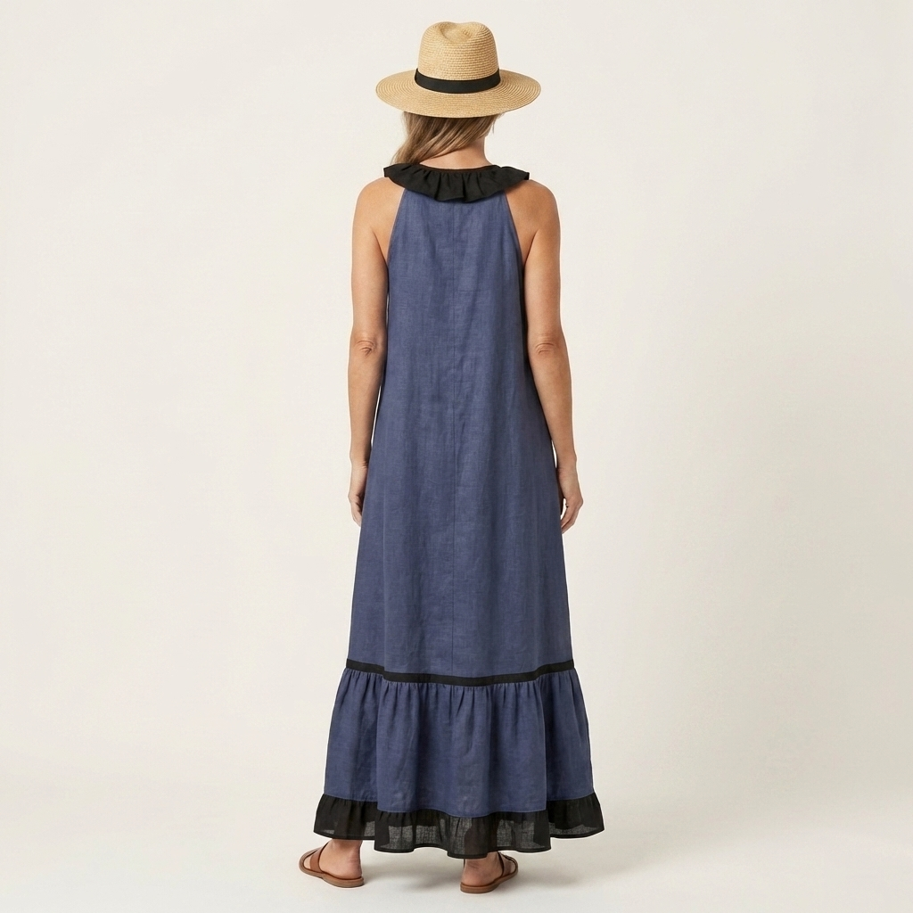 Mayline | Abito Maxy Senza Maniche con Scollatura Ruché e Bordo a Contrasto