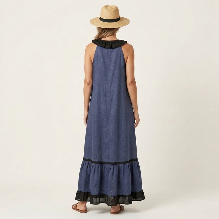 Mayline | Abito Maxy Senza Maniche con Scollatura Ruché e Bordo a Contrasto