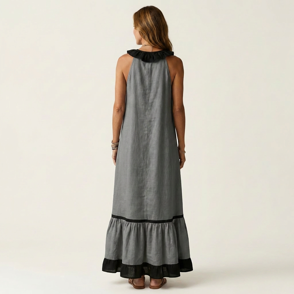 Mayline | Abito Maxy Senza Maniche con Scollatura Ruché e Bordo a Contrasto