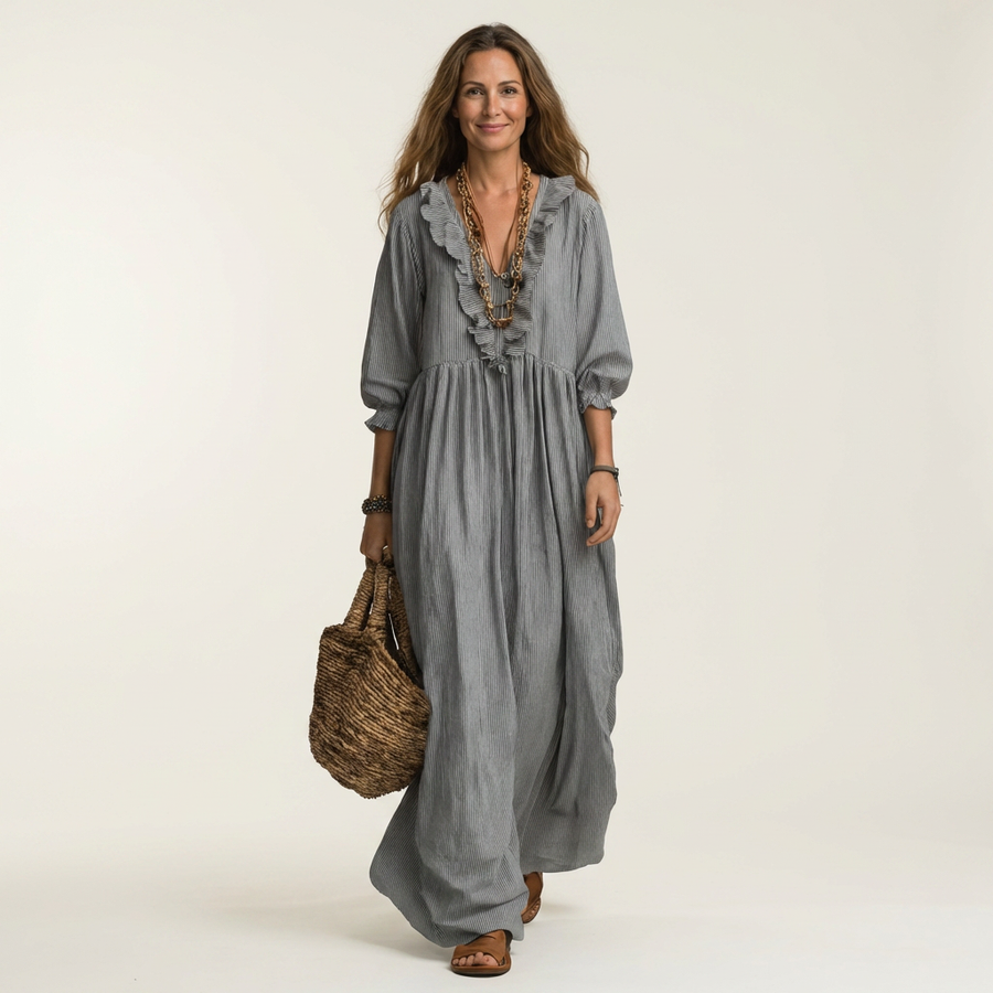 Yosetta | Abito Maxy a righe con scollo a V e maniche a lanterna