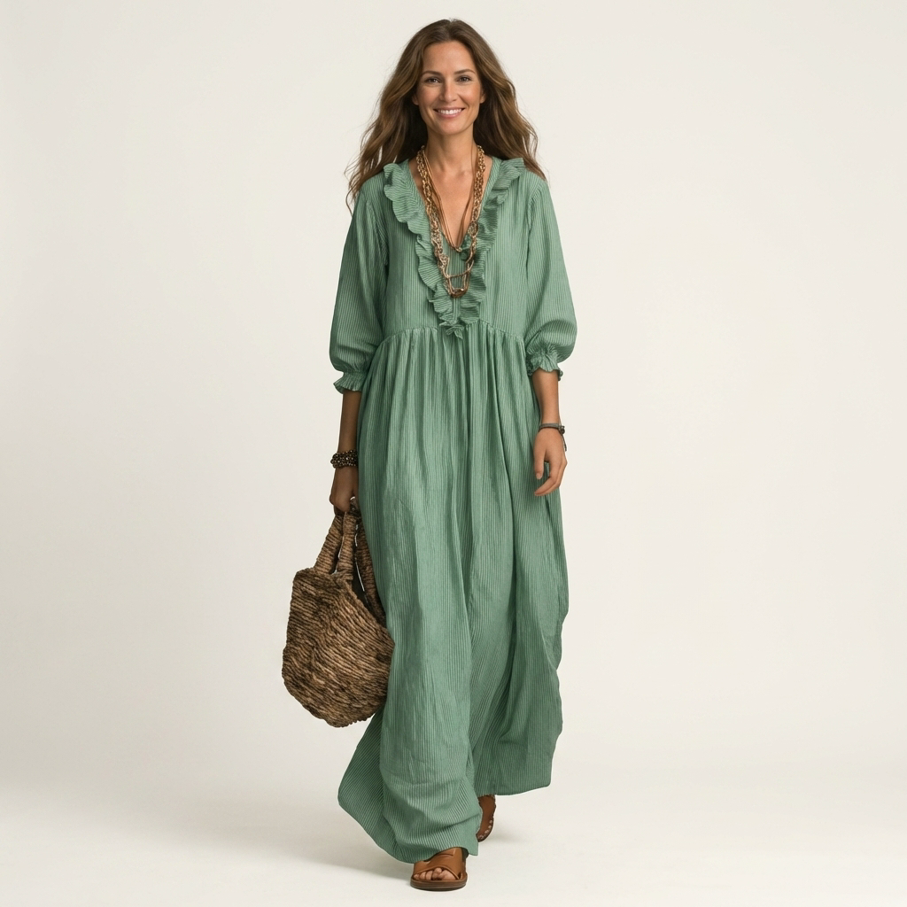 Yosetta | Abito Maxy a righe con scollo a V e maniche a lanterna