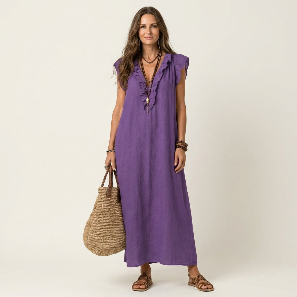 Jose | Abito Maxi in Lino con Rouches a V