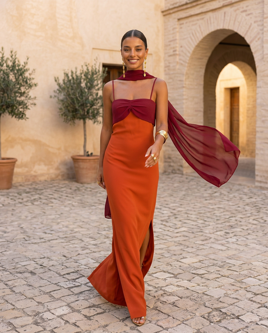Zahara | Vestito arancione con scollatura rossa