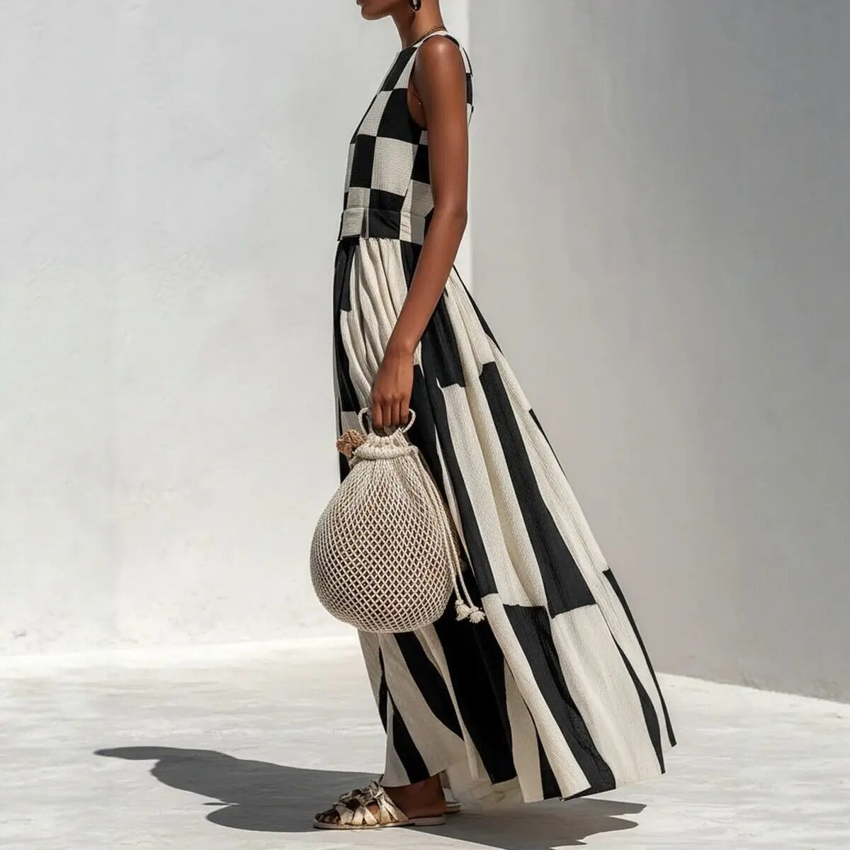Noa Vestito Maxi Geometrico in Bianco e Nero