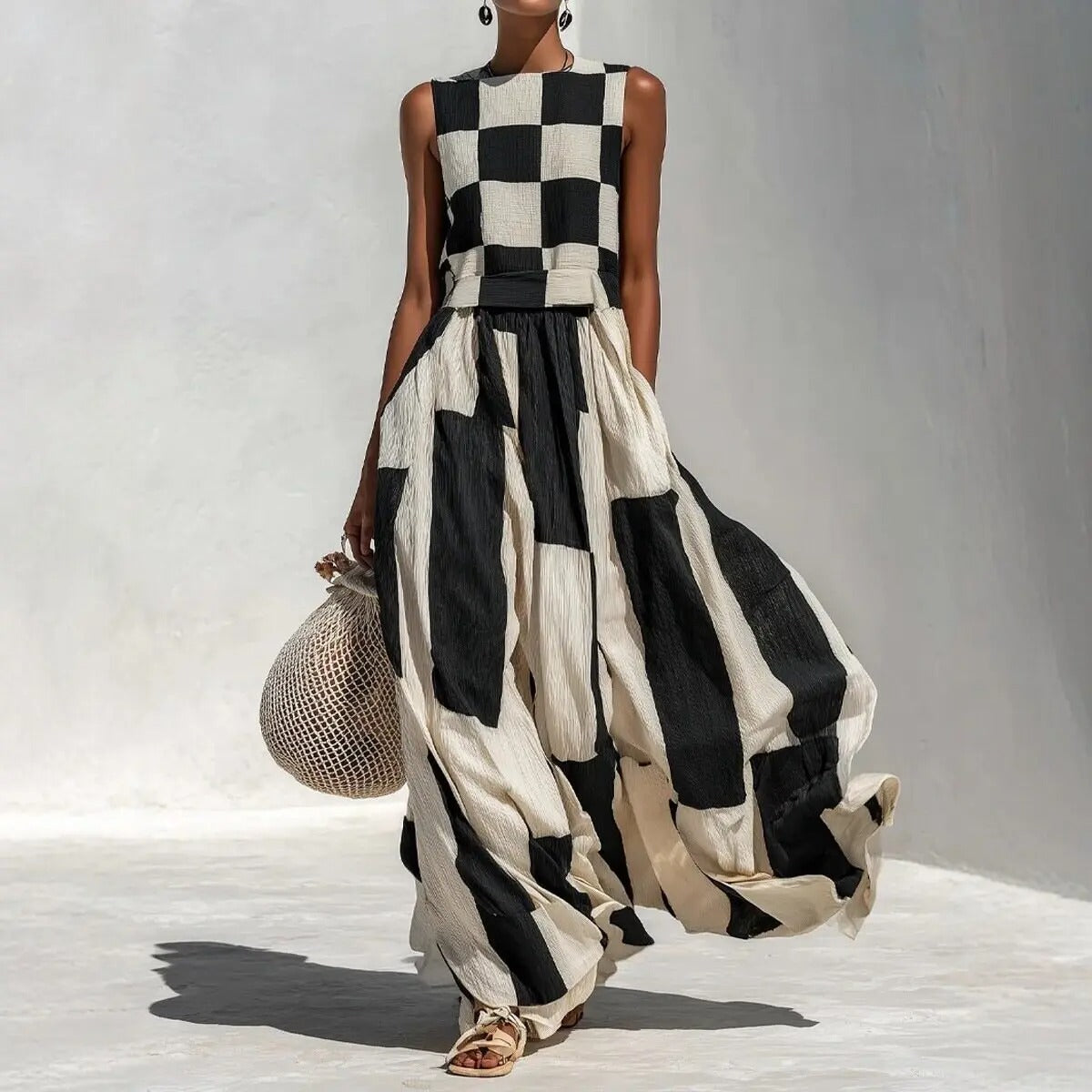 Noa Vestito Maxi Geometrico in Bianco e Nero