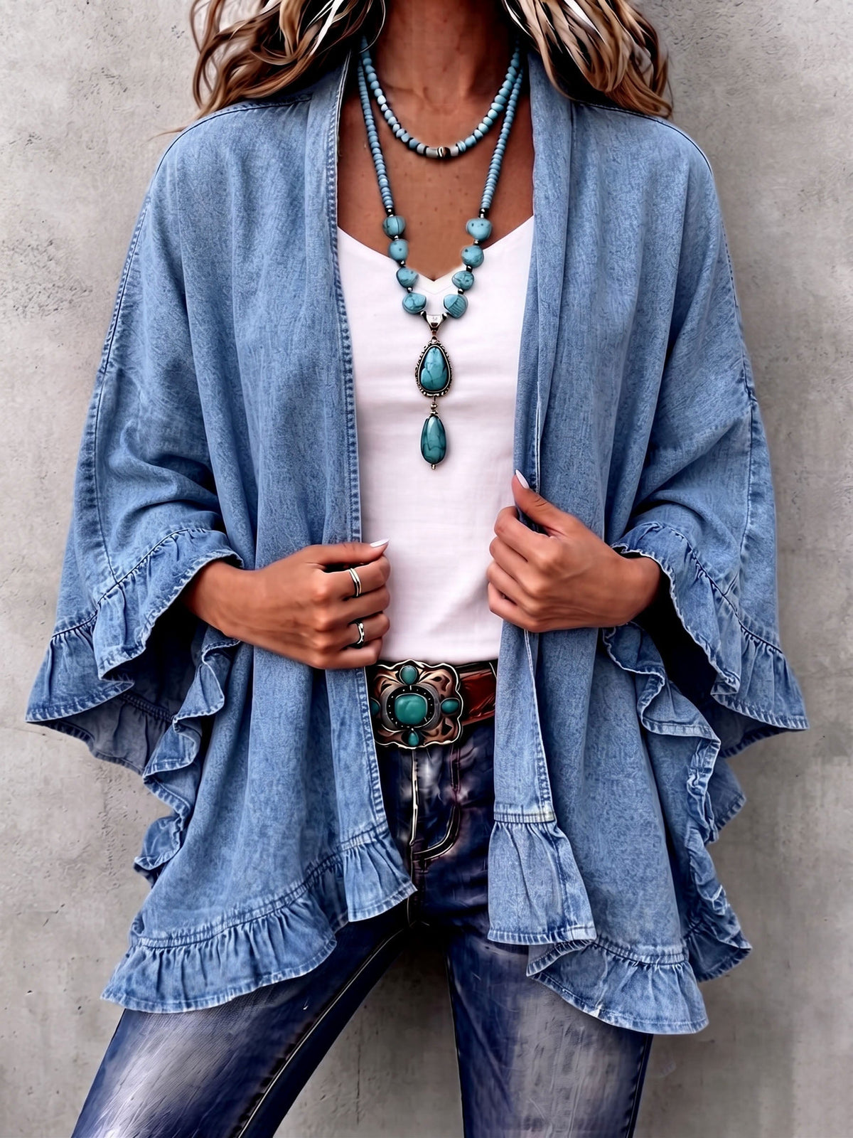 Elena | Cardigan in Denim con Rouches Chic Boho