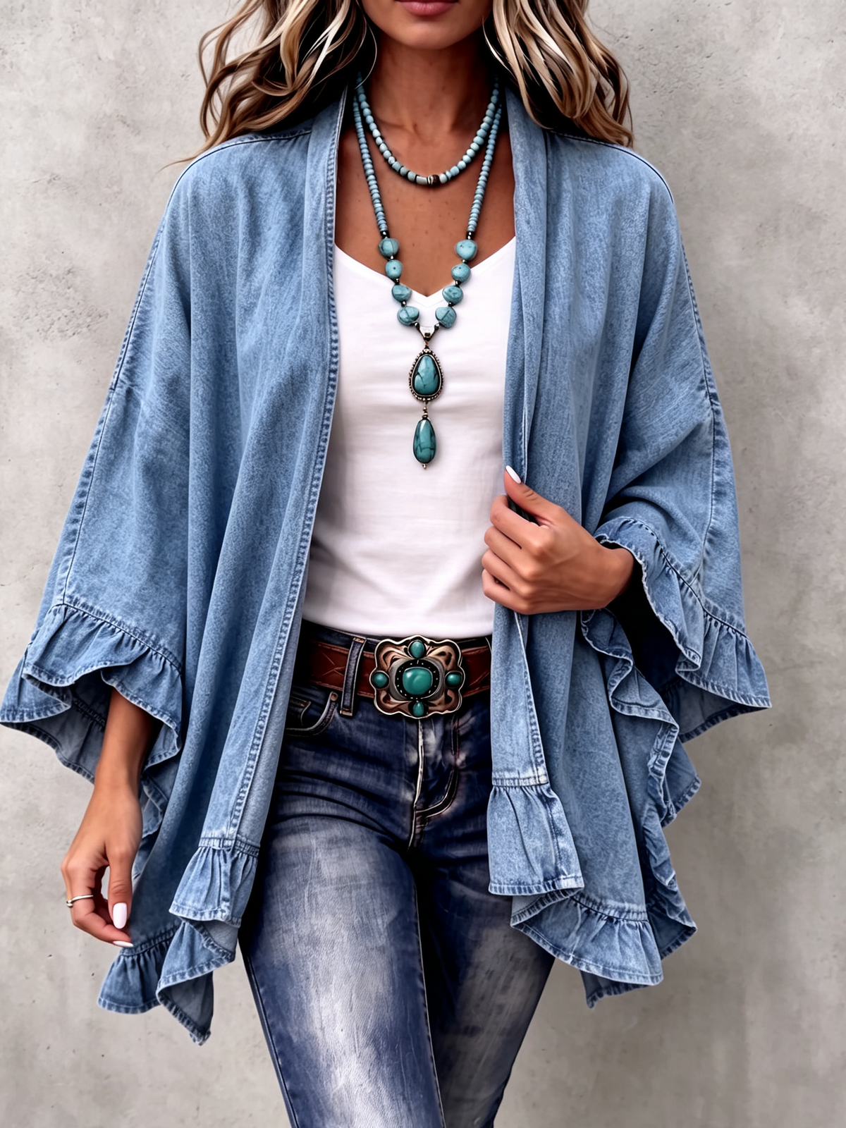 Elena | Cardigan in Denim con Rouches Chic Boho