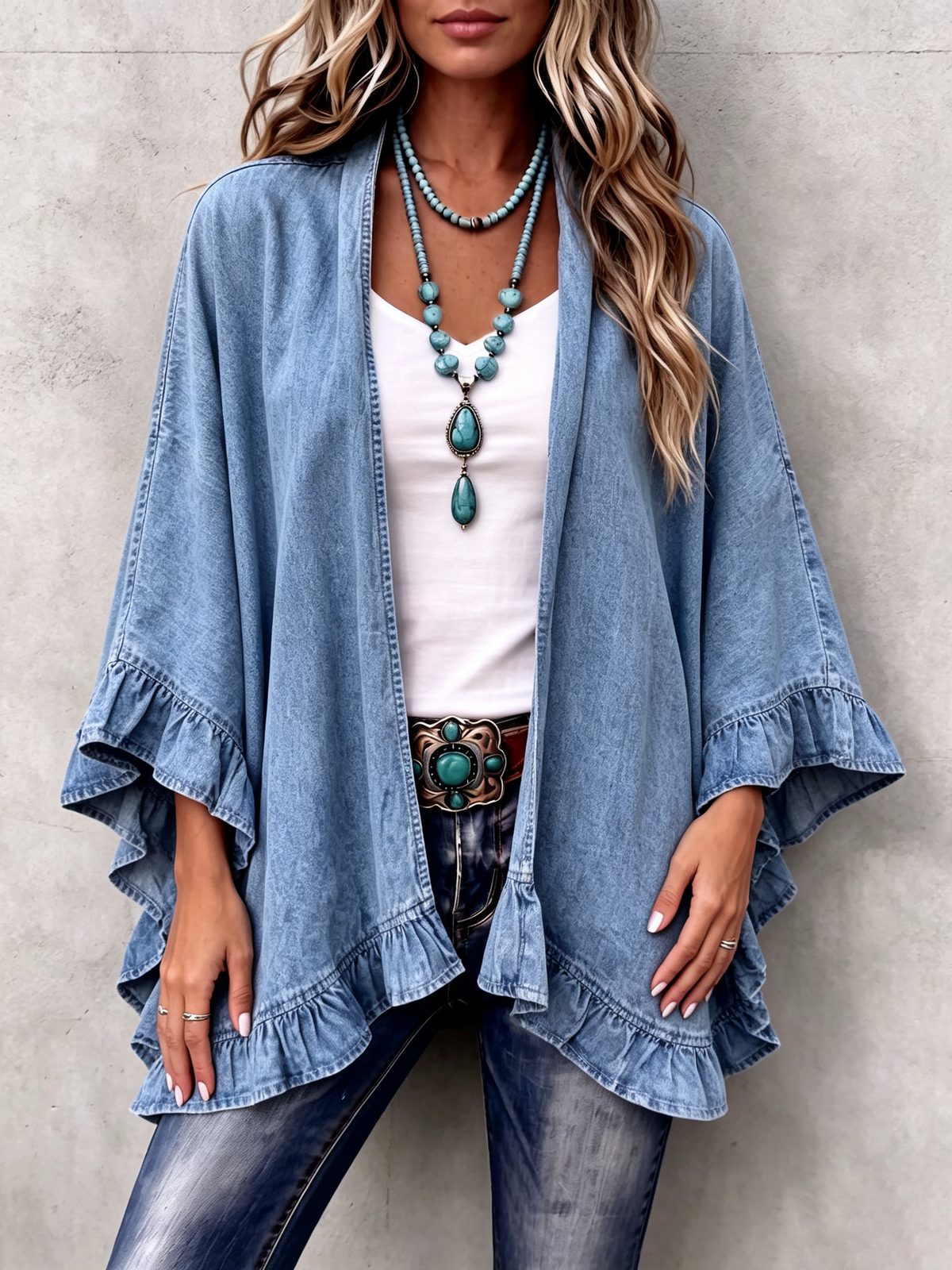 Elena | Cardigan in Denim con Rouches Chic Boho