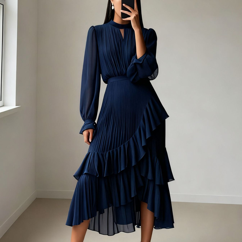 Valentina | Abito Midi Plissettato con Volant Eleganti