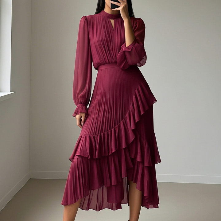 Valentina | Abito Midi Plissettato con Volant Eleganti