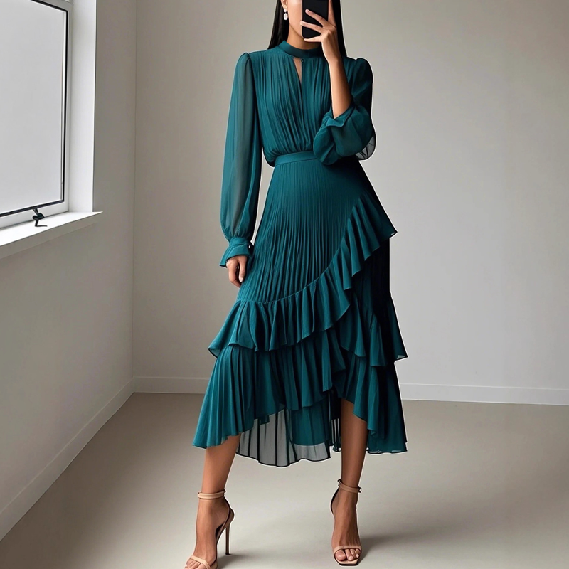 Valentina | Abito Midi Plissettato con Volant Eleganti