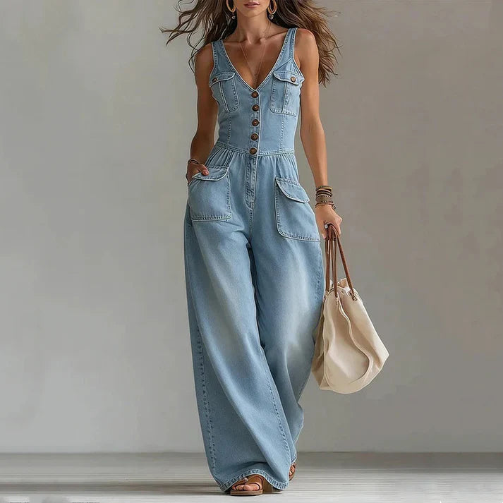Martina - Mono in denim senza maniche con scollatura a V